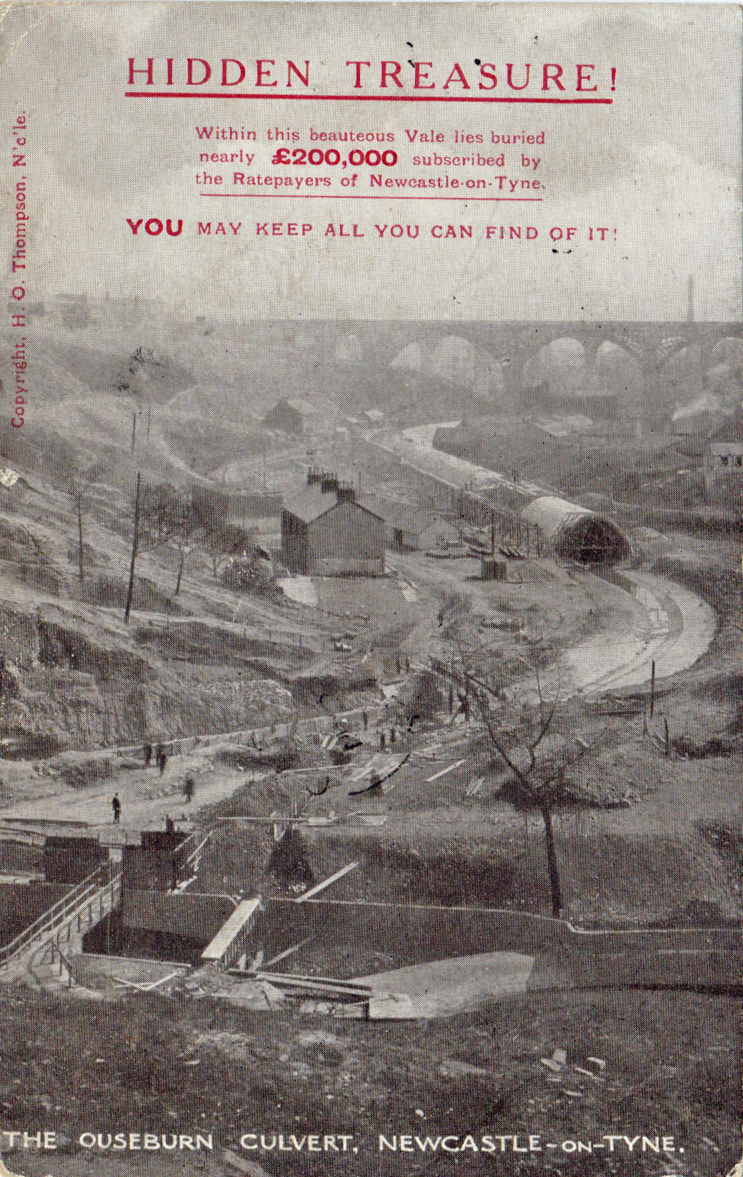 Ouseburn culvert being built, postcard with political message